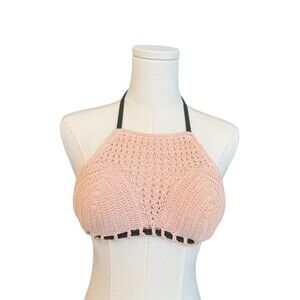Boho Unique CROCHET HIGH NECK BIKINI TOP In PINK GREEN STRAPS XS